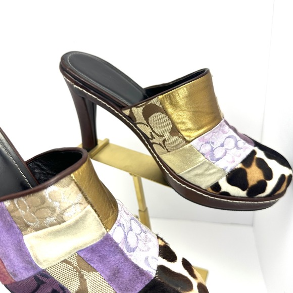 Y2KCoach Patchwork Platform Mules Leopard Calf Hair Metallic Leather Heels Multi - Picture 6 of 16
